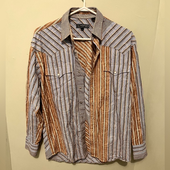 Roper - Men’s Small - Pearl Snap Western Style Shirt - 100% Cotton - Blue & Tan - Picture 4 of 12